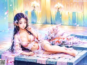 A woman in a purple kimono sitting on a window sill.