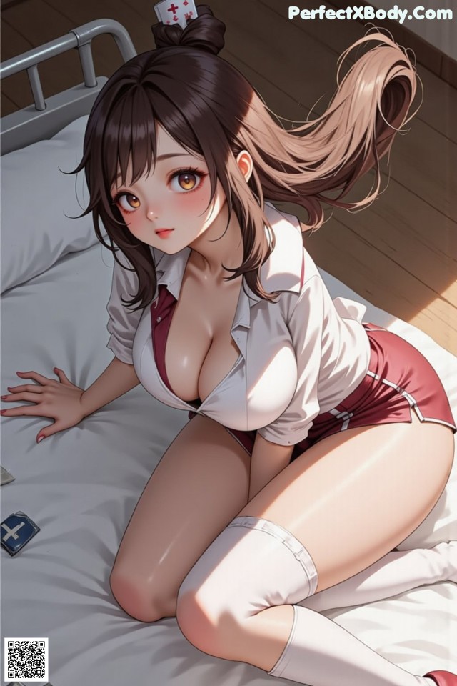 A woman in a nurse uniform is sitting on a bed.