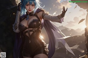 A woman with blue hair and a red cape sitting on a table.