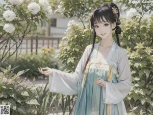 A woman in a long white dress standing in a park.