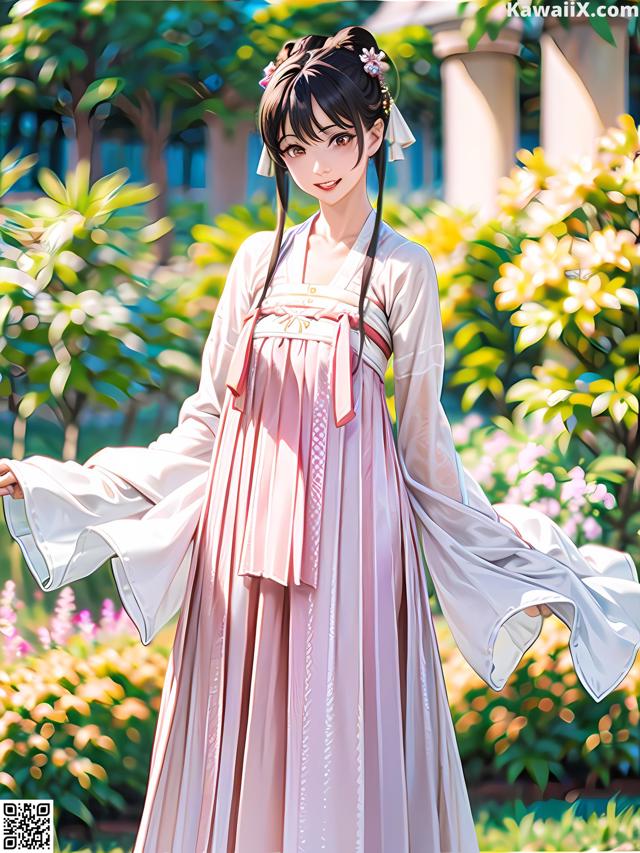 A woman in a pink and white dress standing in a garden.