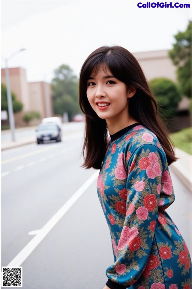 A woman in a blue dress standing on the side of a road.