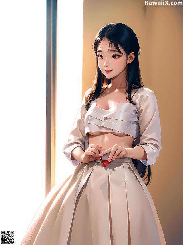 A woman in a white dress holding a red heart.