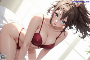 A naked anime girl laying on a green couch.
