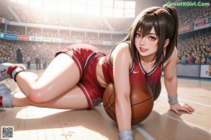 A woman in an orange and white uniform playing basketball.