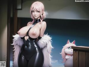 Anime girl with big tits sitting on a couch.