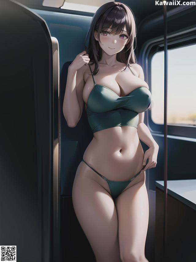 A woman in a green bikini sitting on a train.