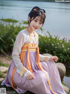 A woman in a green and pink hanbok sitting on a bed.