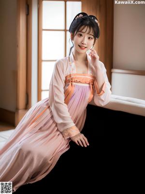 A woman in a black and orange hanbok sitting on a bed.